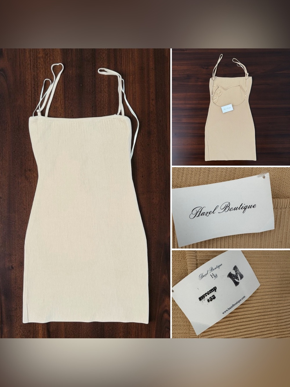 New Hazel Boutique Beige Ribbed Knit Bodycon Mini Dress Cream Spaghetti Strap M